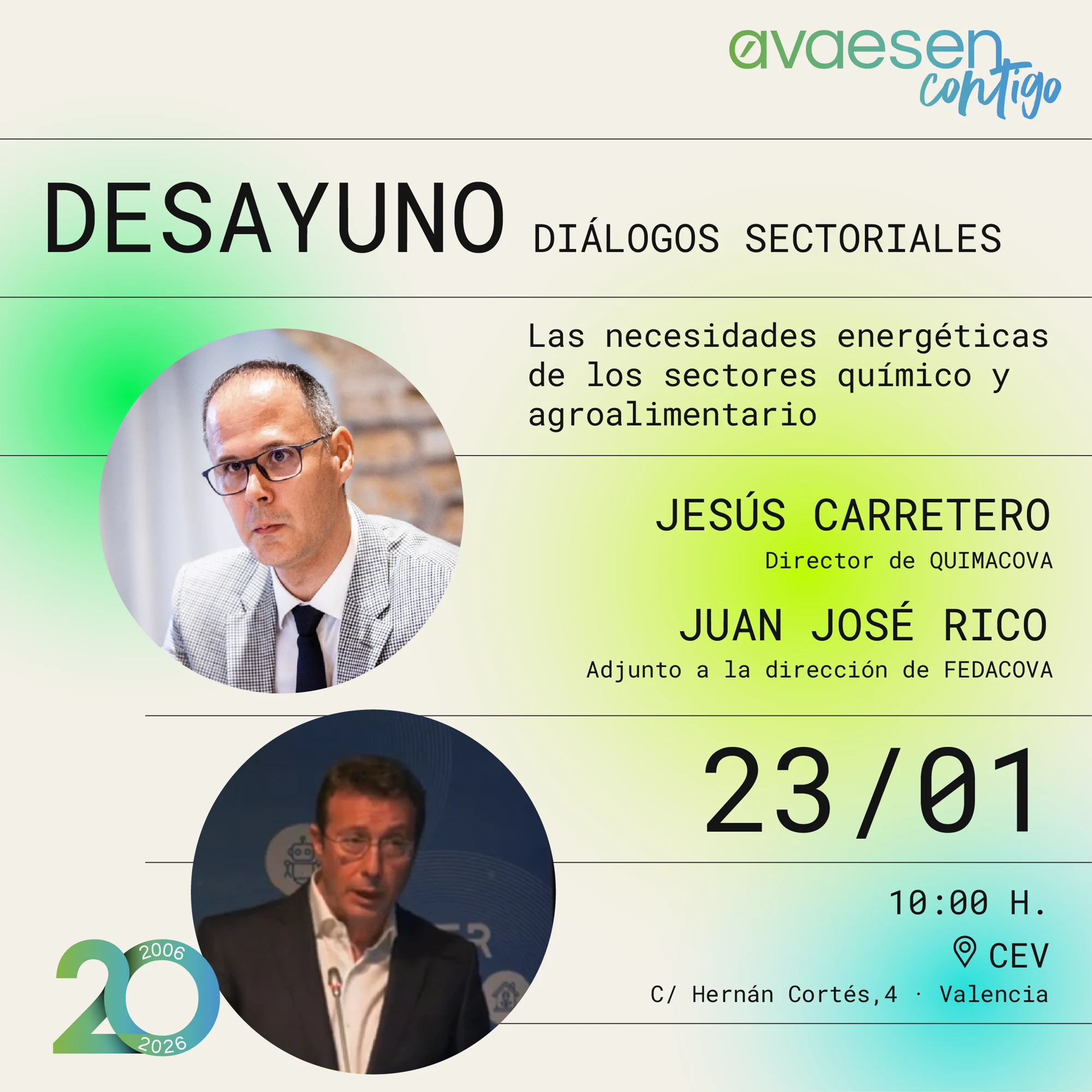 AVAESEN, CONTIGO: Desayunos | Diálogos Sectoriales con Jesús Carretero (QUIMACOVA) y Juan José Rico (FEDACOVA)